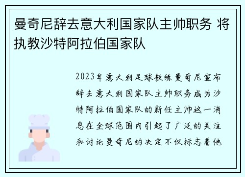 曼奇尼辞去意大利国家队主帅职务 将执教沙特阿拉伯国家队